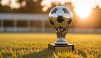 A soccer trophy on the grass in front of the sun photo