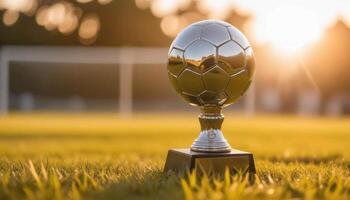 A soccer trophy on a grass field photo