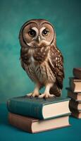 Owl sitting on top of books with green background photo