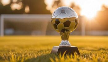 A soccer trophy on the grass in front of a goal photo