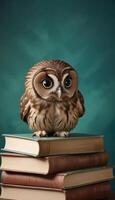 Owl sitting on top of books with blue background photo