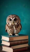 Owl sitting on top of books with blue background photo