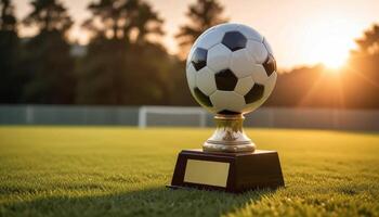 A soccer ball on a trophy on a grass field photo