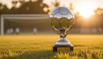 A silver trophy sits on a grass field photo