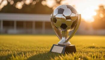 A soccer trophy on the grass in front of a sunset photo