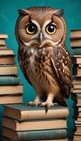 Owl on books with blue background photo