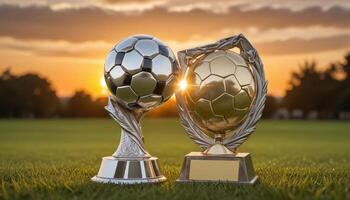 Two trophies on a grass field with the sun setting photo