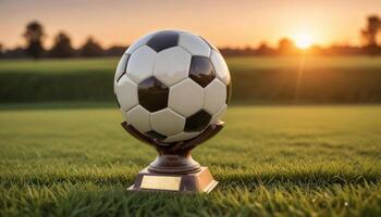 A soccer ball on a trophy stand in a field photo