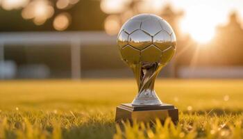 A soccer trophy on the grass in front of a soccer field photo
