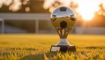 A soccer trophy on the grass in front of a soccer field photo