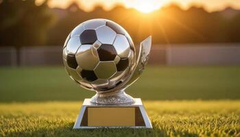 A soccer trophy on the grass with the sun in the background photo