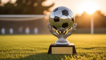 A soccer ball on a trophy in front of a soccer field photo