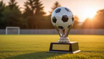 A soccer ball on a trophy stand in front of a field photo