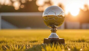 A silver trophy on a grass field with the sun in the background photo