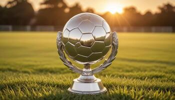 A silver trophy on a grass field photo