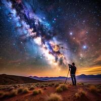 Man taking photo of milky way galaxy in desert