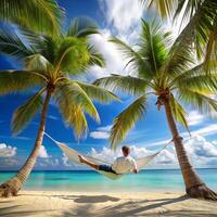 Man relaxing in hammock on tropical beach with palm trees photo
