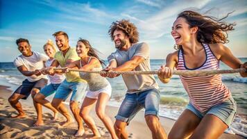 Group of friends pulling rope on beach photo