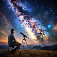 Man looking at the milky way with telescope photo