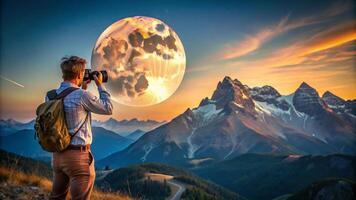 Man taking photo of the moon with camera