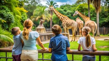 Family looking at giraffes at the zoo photo