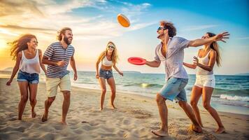 Group of Friends Playing Frisbee on Beach at Sunset , Summer Fun, Vacation, and Active Lifestyle photo