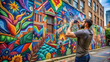 A man taking a photo of a colorful mural on the side of a building