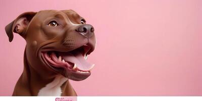 Happy Brown Dog with Tongue Out on Pink Background in Studio Portrait photo