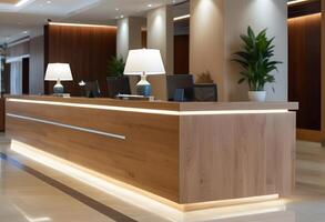 A modern reception desk in a hotel lobby photo