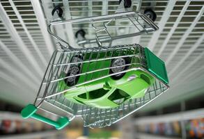 Conceptual Image of Green Car in Shopping Cart Symbolizing Auto Purchase and Consumerism photo
