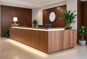 A reception desk in a modern office with a clock photo
