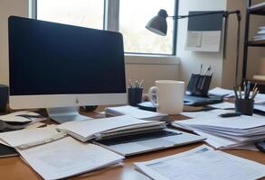 A desk with a computer, a laptop, and a stack of papers photo