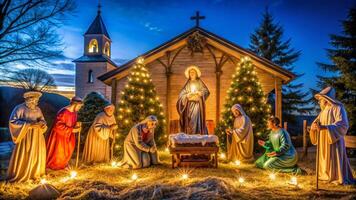 Christmas nativity scene with candles and lights photo