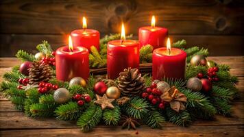 Advent wreath with red candles on wooden table photo