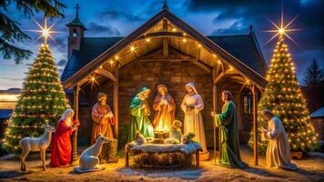 Christmas nativity scene with nativity scene, christmas tree, and nativity scene photo