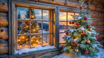 Christmas tree in front of a window with snow on the ground photo