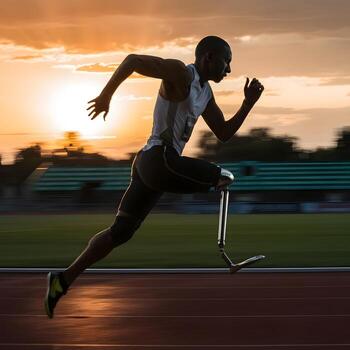 A man with prosthetic legs running on a track photo