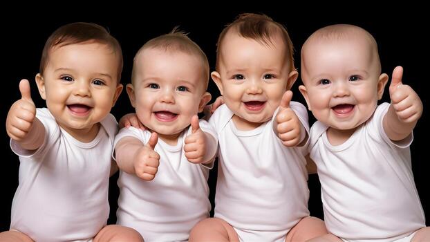 Five babies are sitting in front of a black background photo