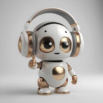 A robot with headphones on and a thumbs up photo