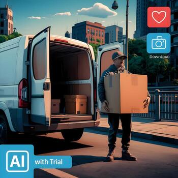 A man is holding a box in front of a van photo