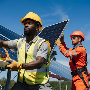 Two men in hard hats and safety vests working on a solar panel photo