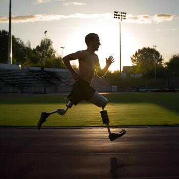 A man with prosthetic legs running on a track photo
