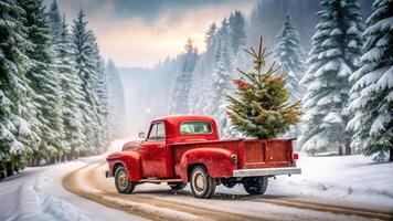 An old red truck with a christmas tree on the back photo