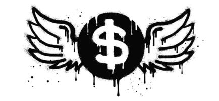 Spray painted graffiti flying dollar with wings icon in black over white. Dollar money with wings drip symbol. isolated on white background vector