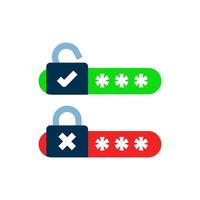 Concept illustration of password status with open and locked padlocks, check mark for correct and cross for incorrect entries. security interfaces, login screens, authentication systems vector