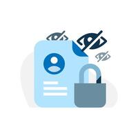 Concept Illustration of Privacy Security. Features a crossed out eye icon, a document containing personal data, and a padlock, symbolizing data protection and privacy measures vector