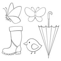 Spring brings delightful elements like butterflies, boots, birds, umbrellas, and cheerful symbols vector