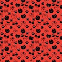 Seamless pattern with various black cat faces and paw prints on a red background. vector
