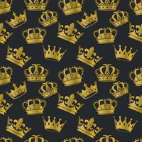 Seamless pattern of golden crowns of various designs on a dark background. vector
