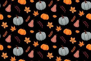 Autumn seamless pattern with colorful pumpkins, forest leaves and red berries on black background. Fall harvest. Pattern for Thanksgiving day. illustration vector